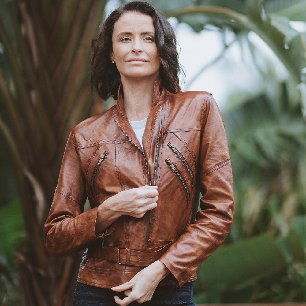 women's motorbike biker lambskin leather jacket brown zara