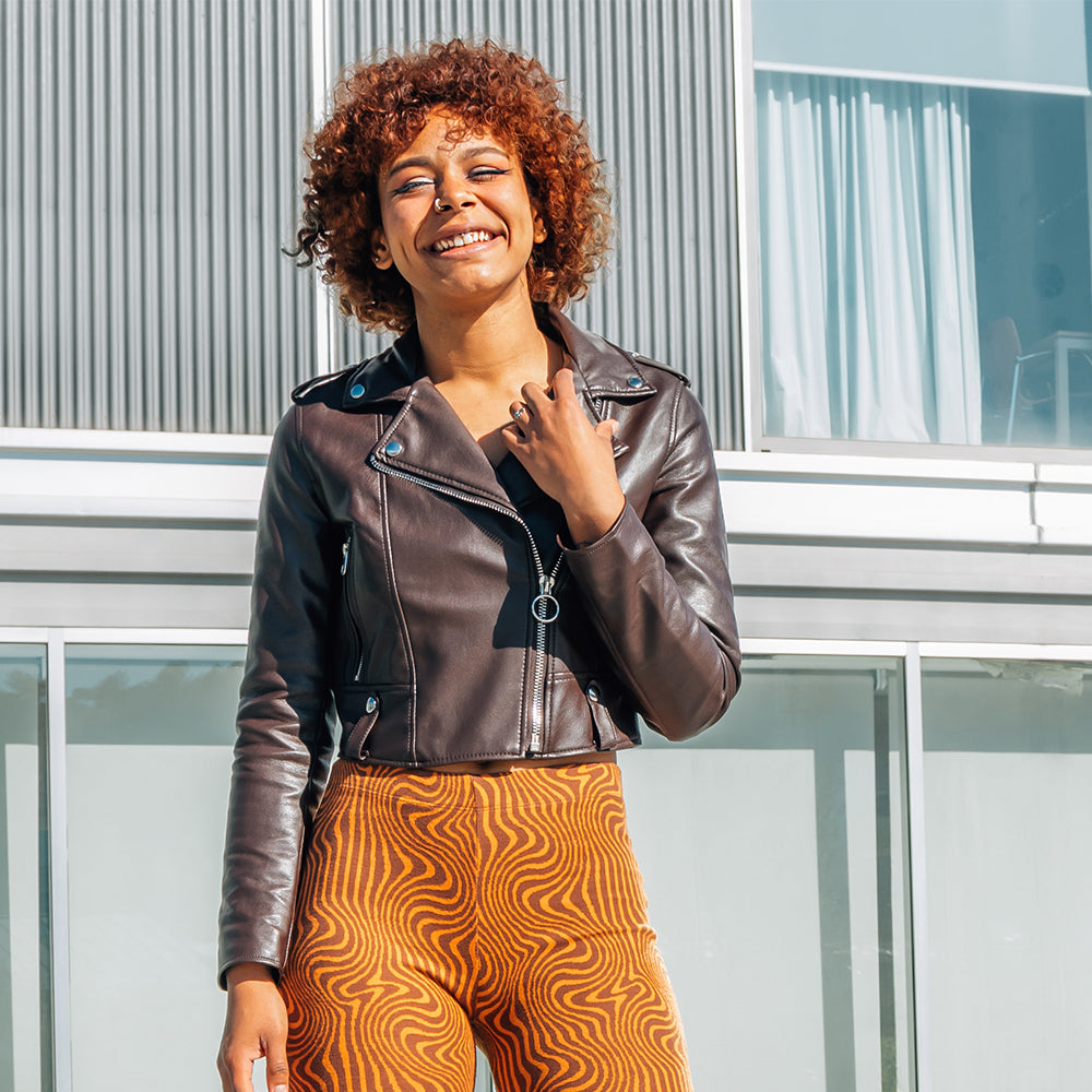 women's brown motorbike biker cropped lambskin leather jacket zara